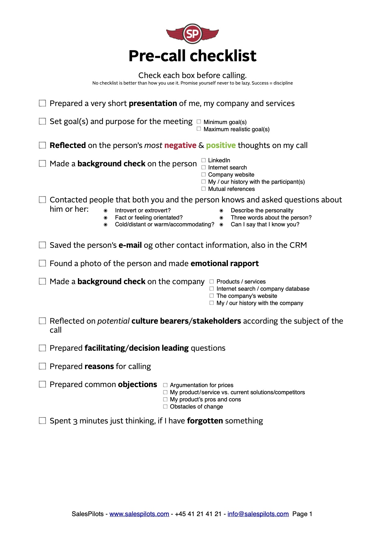 Checklist Telephone - SalesPilots Before, during, and after the call