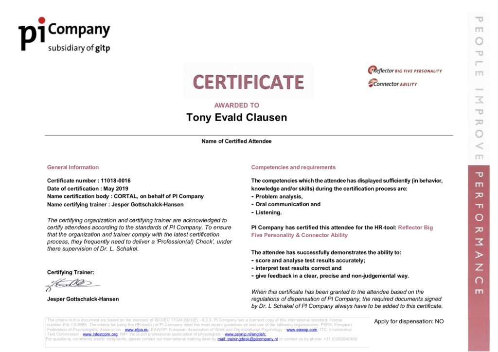 Big five - fem faktor certificering Diplom Tony Evald Clausen