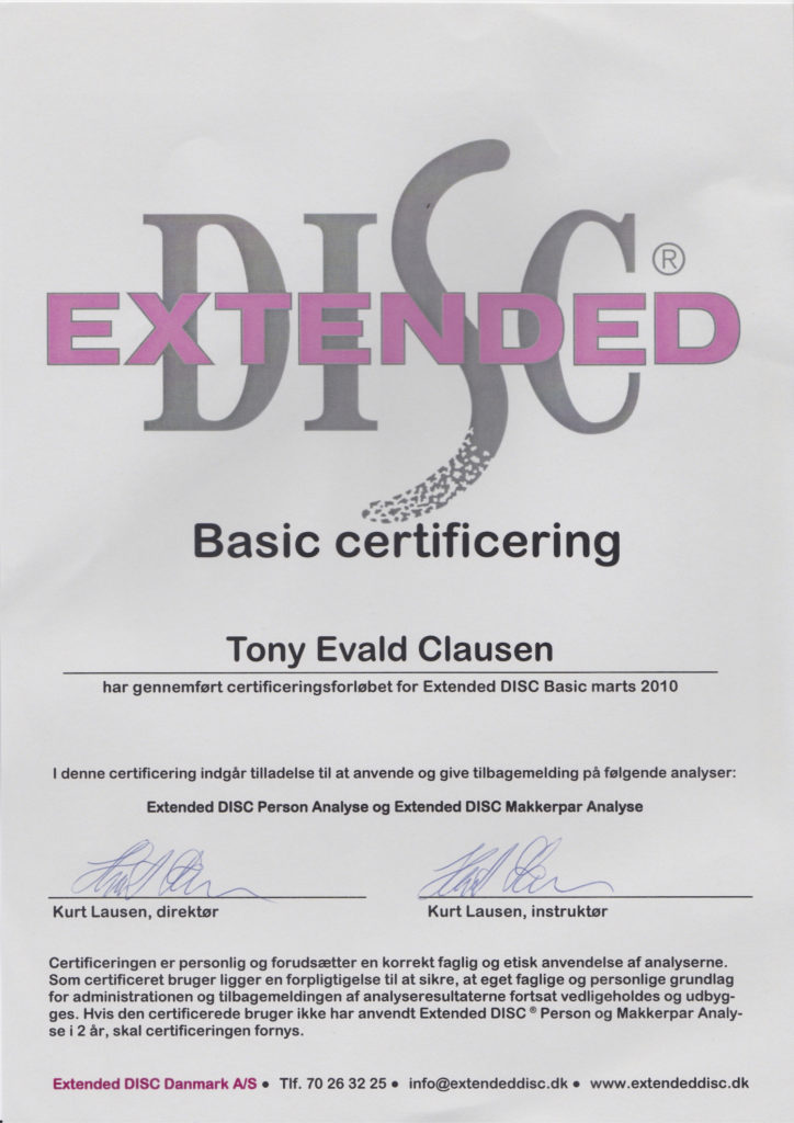 DiSC certificering Extended. Diplom Tony Evald Clausen