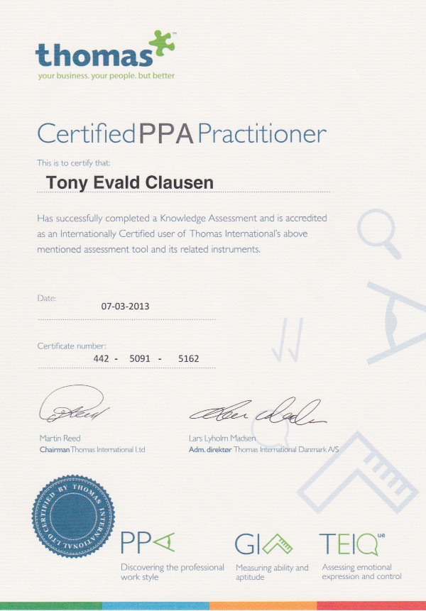 DiSC certificering Thomas International. Diplom Tony Evald Clausen