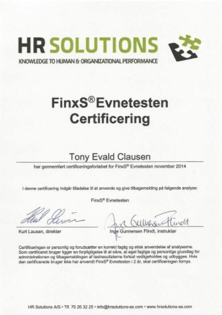 Evnetest certificering Diplom Tony Evald Clausen
