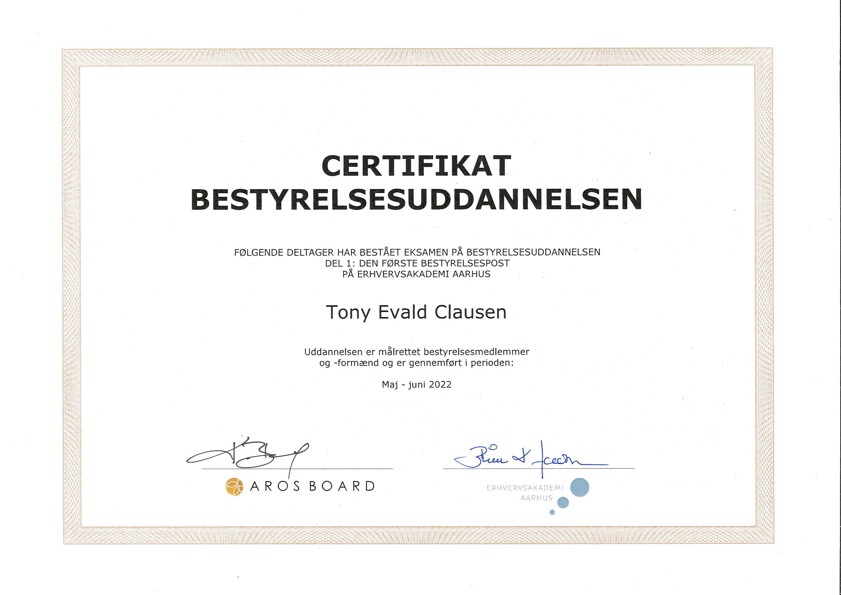 Bestyrelsesuddannelse Tony Evald Clausen Diplom